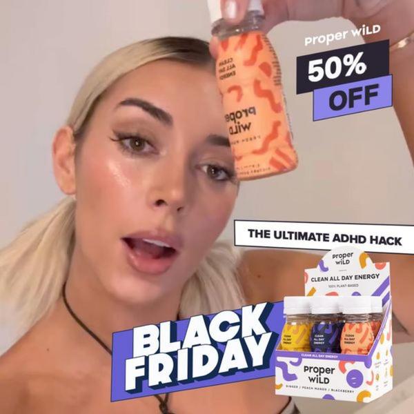 A 1:1 format ad creative featuring a person holding an energy drink bottle alongside a 50% off offer and a product collection box.